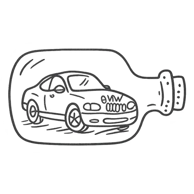 a BMW car inside a glass bottle, hand drawn sketch style sticker