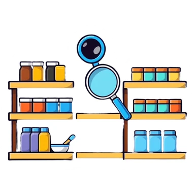 magnifying glass over empty product shelf searching sticker