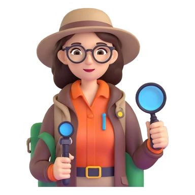 Curious professional woman explorer with glasses, modern outdoor equipment, single magnifying glass, stylized 3d look sticker