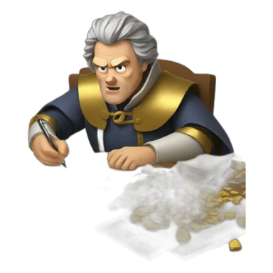 middle ages taxman, angry, writing on a paper, pile of gold sticker
