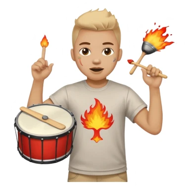 A loud fan, simple tee shirt with paint on his cheeks with a marching drum, beating it with fiery enthusiasm sticker