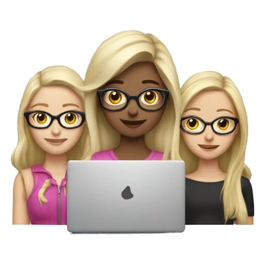 3 blonde girls,  one with glasses looking at a laptop sticker