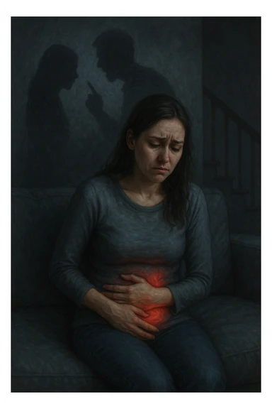 Donna sui 30 anni seduta su un divano, con una mano sull’addome e un'espressione visibilmente provata e triste. Intorno a lei, l’atmosfera è opaca e pesante, con toni freddi. Un’ombra simbolica dietro di lei rappresenta un evento stressante recente (es. un litigio o una perdita). Sul corpo, un lieve bagliore localizzato nella zona intestinale, a simboleggiare il dolore e l'infiammazione. Ambiente domestico, luci basse, emozione visibile. Stile realistico o metaforico con elementi emozionali e viscerali. sticker