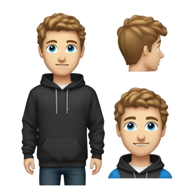 a 21 year old white boy with blue eyes, brown hair, with a taper fade and a black hoodie sticker