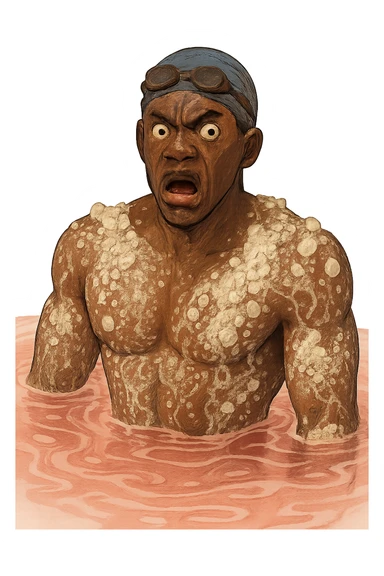 Африканский пловец в чуть рисованном объемном стиле, его тело в кристаллах и разводах соли, лицо недовольно удивленное, прозрачный фон, вода чуть розового цвета sticker