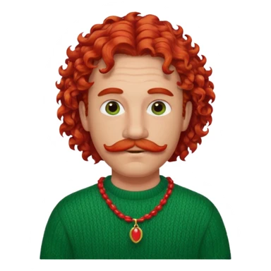 good-looking man with curly red mullet, mustache, green sweater, red necklace sticker