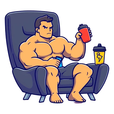 bodybuilder sitting in armchair with protein drink, relaxed muscles, next to a timer showing 48h, cartoonish sticker style sticker