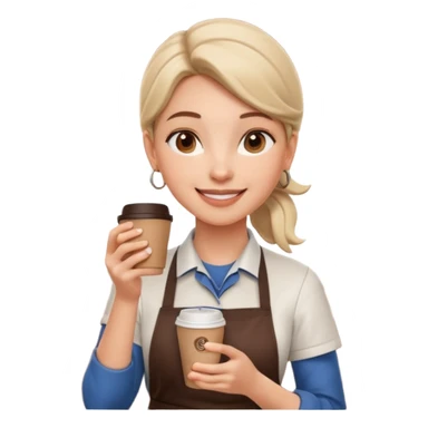 female barista portrait, head and shoulders only, wearing coffee shop apron collar, holding a takeaway cup near face, warm friendly smile, cozy cafe vibe, 3D cartoon, mobile game icon style, clean background, no text, no watermark
 sticker