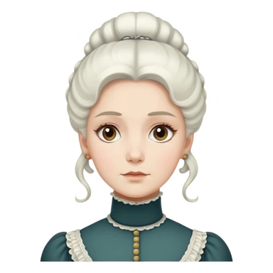 Victorian woman with white coiffed hair, modest turtleneck Victorian dress, and an awestruck expression sticker