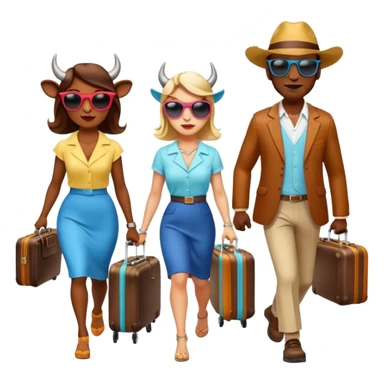 generate an emoji of a group of up to 8 male and female bulls travelling together on holidays. One bull has a suitcase, one has sunglasses, one is carrying a cocktail. They're all in motion, walking together. Make the characters look like bulls. They wear summer clothes. Suitcases are colourful sticker