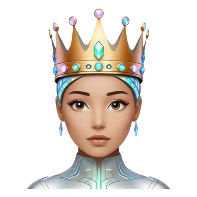 A stylish modern person wearing a futuristic digital crown made of glowing circuits and holographic elements. The crown has a clear, elegant space in the center front for placing a logo. The person is dressed in sleek, high-tech fashion with minimalistic details.  sticker