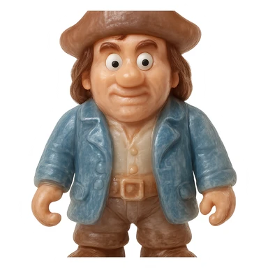 hyper-detailed retro 90's toy style pirate, very transparent, natural skin tone, brown hair, blue coat, soft plastic, derpy eyes, soft reflections, soft and squishy, some cloudiness, not shiny, highly detailed, appealing, no tag, no background sticker