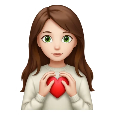Girl green eyes brown long hair white warm sweater showing heart with her hands sticker