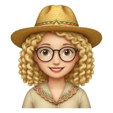 blonde girl with curly hair and glasses with a Mexican hat sticker