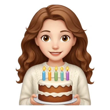 A pretty white girl with hazel brown eyes and long brown wavy hair in a cosy white knit sweater, she is celebrating her birthday and is happy sticker