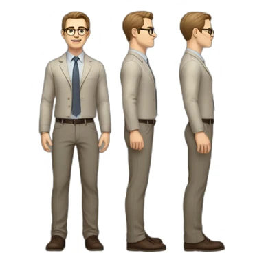 Full height Actively Gesturing Pale skinned fit man with dark brown hair in gray jacket, beige office shirt, brown tie, brown pants and vintage glasses. sticker