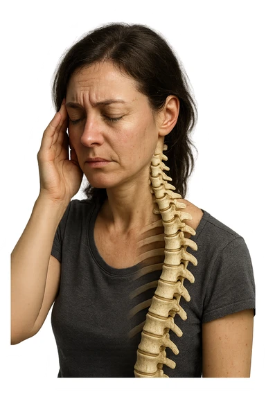 donna stanca che si tiene una mano sulla tempia con spina dorsale anatomica visibile, iperrealistico 4k sticker