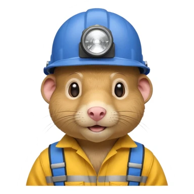 a mole rat, blue helmet, headlamp, yellow worker cloth sticker