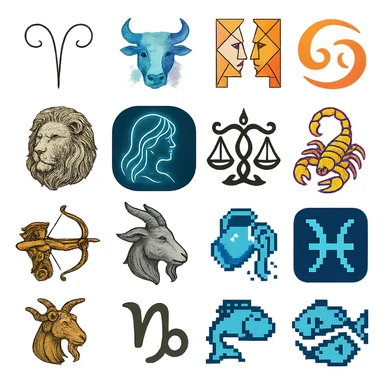 zodiac sign icons, each one unique style, variety of artistic styles sticker