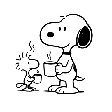 Add Woodstock standing next to Snoopy, both holding a coffee cup, in the black doodle style, preserving the original style's look. sticker