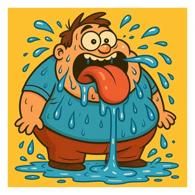 Make the fat man drool all over the ground in a cartoon style, keeping the same look as the original image. sticker