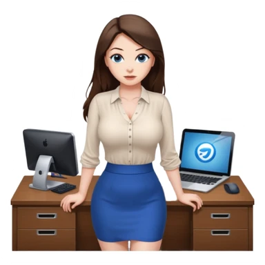 sexy woman brunette, very large breasts, pale skin, blue eyes, long brown hair, tight white blouse, short black skirt. office.  sticker