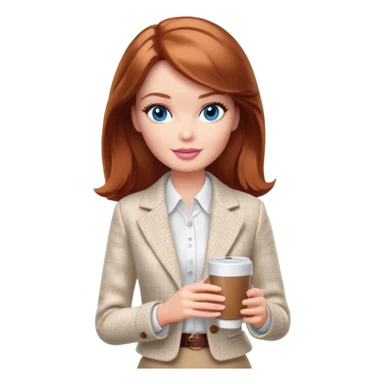 A Barbie girl with blue eyes, shoulder-length reddish-brown hair, made-up, wearing a white tweed jacket and a beige skirt, with a glass of coffee in her hands sticker