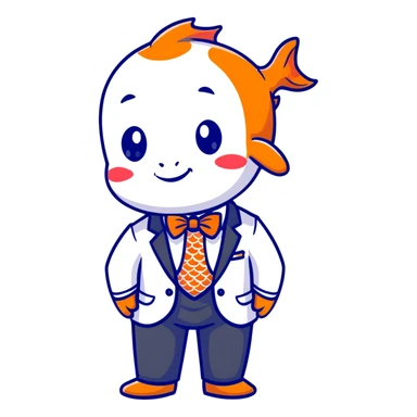 A charming and professional koi fish character, sleek rounded body with orange and white patterns, expressive eyes, friendly smile, wearing a neat business suit, white shirt, and tiny bowtie sticker