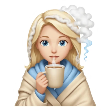 Blonde with blue eyes wrapped up in a cozy blanket with a hot coffee sticker