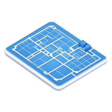 blue blueprint plan with white lines and shaded objects, isometric angle sticker