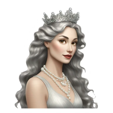 Regal pretty slender middle age woman photograph defined cheekbones high cheekbones crown vintage with very long iridescent black and silver hair wavy long hair pearl crown iridescent sticker