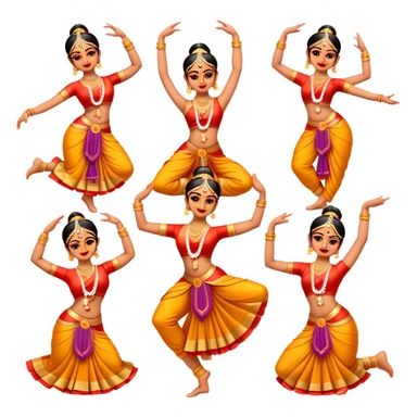 Cinematic Realistic Bharatanatyam Dance Emoji, depicted as an elegant classical Indian dance performance with graceful poses, intricate costumes, and expressive hand gestures, rendered with rich textures and warm dramatic lighting that captures its timeless beauty. sticker