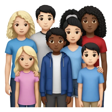 Group of diverse friends standing together, including a dark-skinned boy with straight hair, a light-skinned boy with straight blonde hair, a light-skinned girl with straight black hair, a mixed-race girl with straight brown hair, a light-skinned boy with wavy black hair, a mixed-race girl with dark curly hair, and in the center a light-skinned girl with wavy brown hair sticker