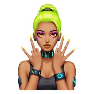cyberpunk style neon 
manicure with long nails shows fak sticker