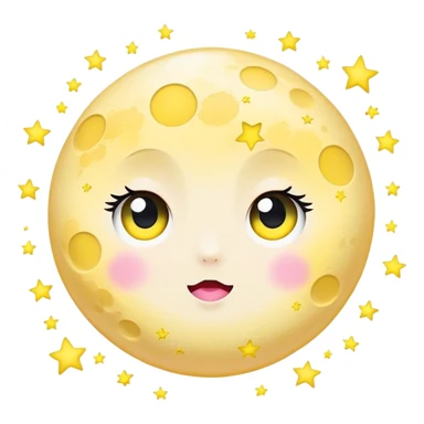 Full Moon and surrounded by stars light pink and yellow kawaii with black wide eyes sticker