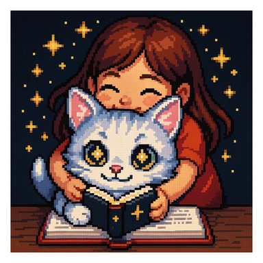 A kitten sitting at a table holding a book with stars in its eyes, and a girl hugging him from behind, pixel art style. sticker
