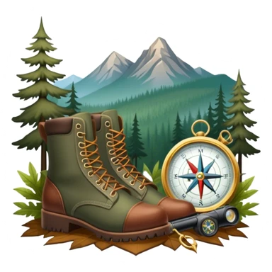 emoji for Hunting Tourism: a hunting rifle, hunting boots and a compass on a forest background, with a silhouette of wildlife in the distance. The icon should capture the adventure and connection with nature in hunting tourism. Transparent background. sticker