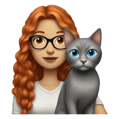 A girl with long red hair, blue eyes, light skin, black glasses, holding an all grey cat  sticker