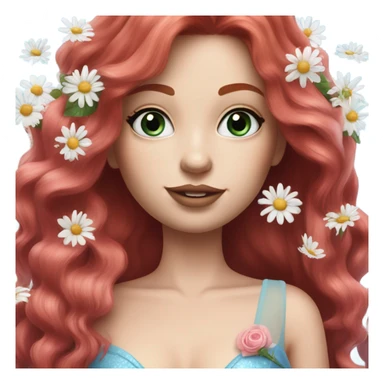 Realistic european woman with longer red  hair with pink roses & white daisies in hair wearing mermaid style blue dress sticker