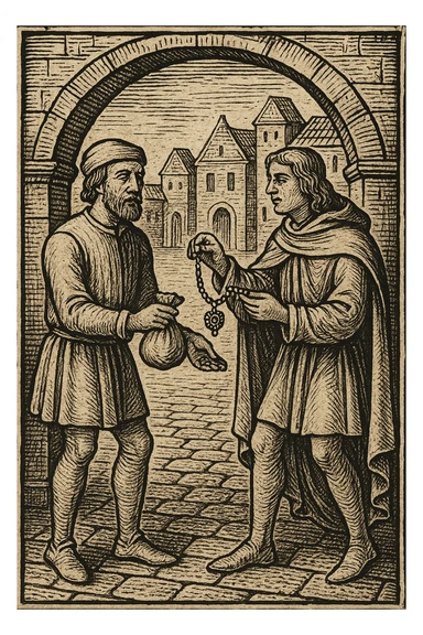 Сгенерируй мне гравюру, как в средневековье один мужчина дает другому мешочек, а другой украшение другому, они торгуют sticker