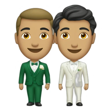 set of grooms in green suits light olive skinned latino the other groom white sticker