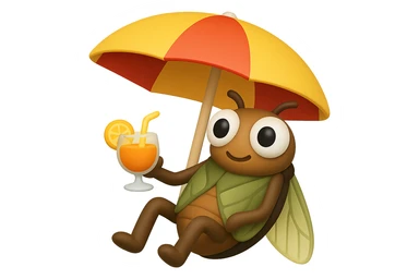 EMOJI STILE IPHONE 3D DI UNA CICALA CHE STA RILASSATA SEDUTA SOTTO L'OMBRELLONE IN SPIAGGIA CON UN COCKTAIL IN MANO, FAGLI GLI OCCHI CON LA PARTE BIANCA, NON SOLO LA PUPILLA sticker