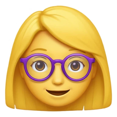 un emojis amarillo, con el cabello corto y lacio, con lentes violeta y una sonrisa sticker