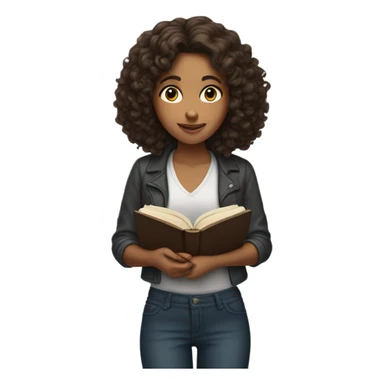 brunette curl mid length hair brown woman looking down at a book cozy aesthetic sticker