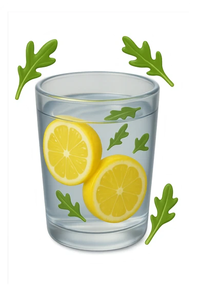 emoji stile iphone 3d di un bicchiere di acqua con limone e qualche foglia di rucola che fluttua intorno in aria, iperrealistico 4k sticker