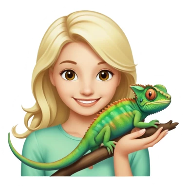 smiling blonde beauty portrait, with chameleon sticker