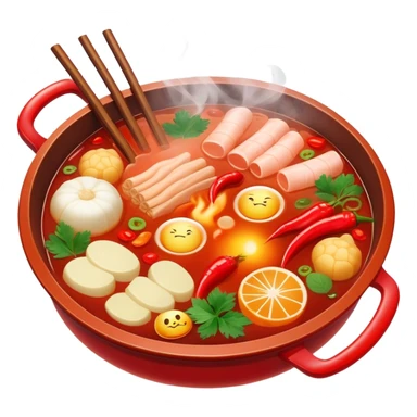 Chinese hot pot, bubbling red spicy broth with variety of ingredients, emoji style sticker
