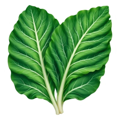single chard leaf with broad vibrant green blades and thick white rib running down the center, slightly crinkled matte texture, natural curves, visible veins, no bunch soil or extras, soft lighting, subtle shadows, emoji scale sticker