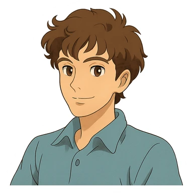 ghibli style good looking young adult boy with brown curly hair and brown eyes sticker