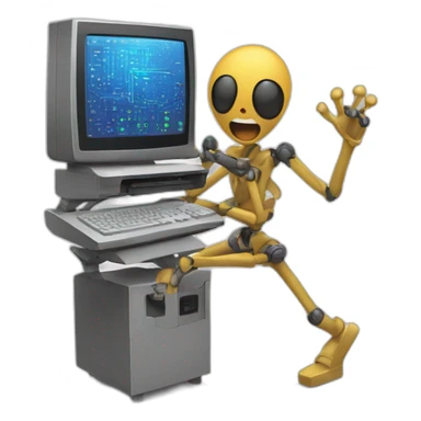 Anthropomorphic computer with arms and legs doing something random sticker